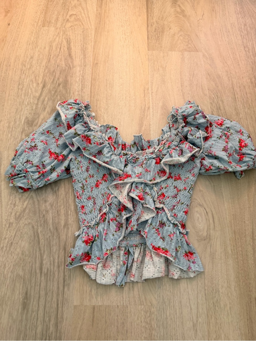 Free People Blue Floral Ruffle Smocked Peasant Top XS